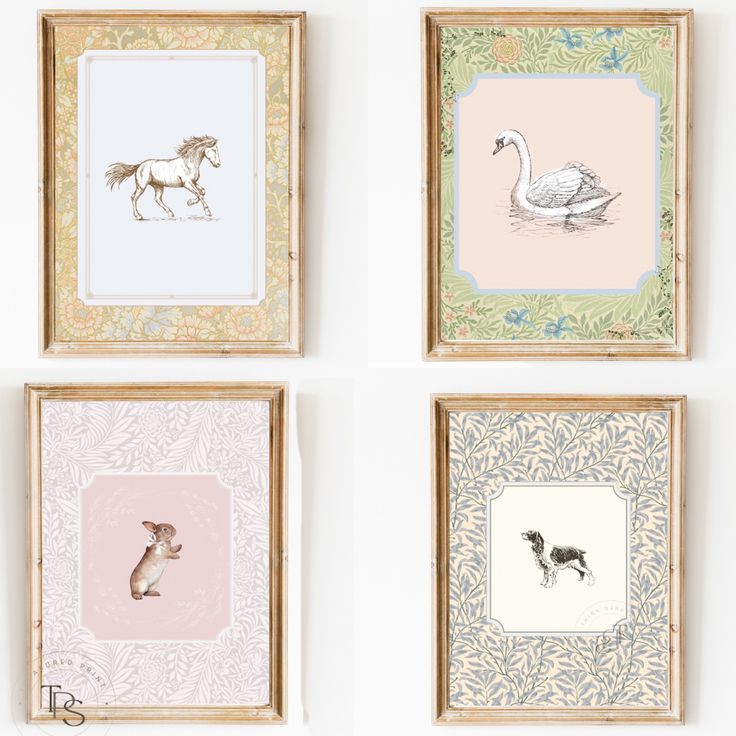 four framed pictures hanging on the wall with horses and swans in different colors, including pink, green, blue, white