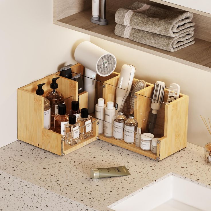 the bathroom counter is organized and ready to be used as a storage unit for personal care items