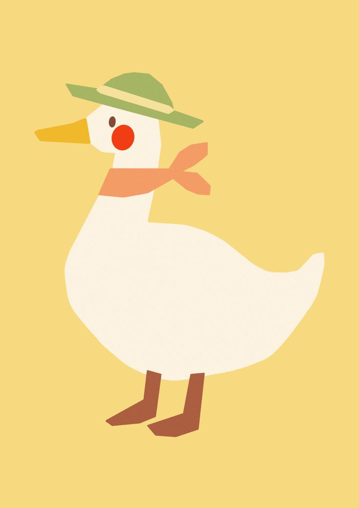 a white duck wearing a green hat and bow tie on its head is standing in front of a yellow background