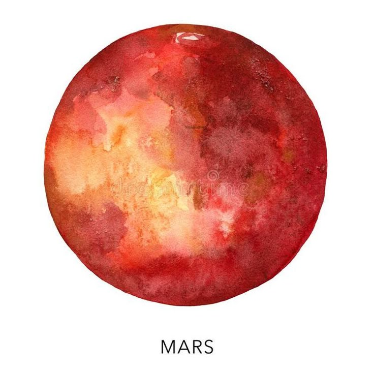 an orange and red watercolor painting with the word mars written in black on it