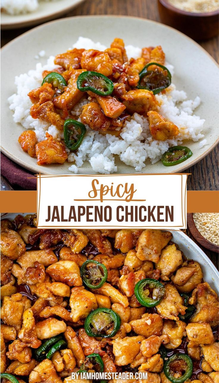 two images of spicy jalapeno chicken one is overhead showing the recipe in a pan and the other is from the side angle, showing the dish on top of a bed of white rice, in a bowl. Spicy Jalapeno Chicken, Oat Recipes, Spicy Chicken Recipes, Jalapeno Chicken, Chicken And Rice, Health Dinner Recipes, Chicken Dishes Recipes, Poultry Recipes, Asian Dishes