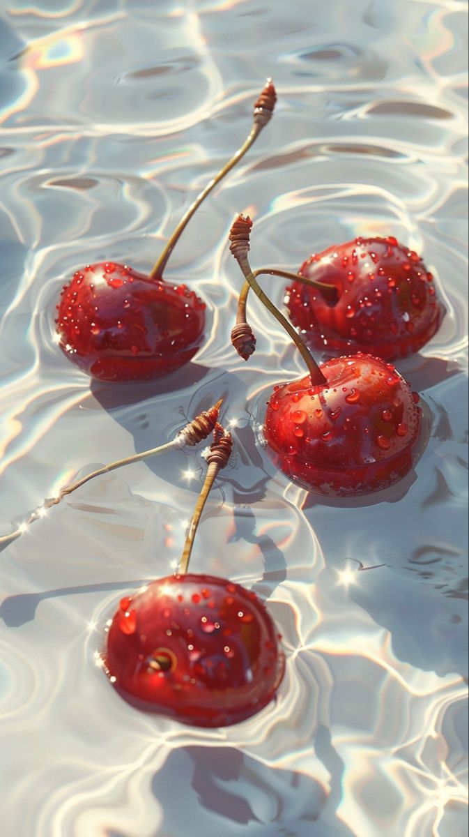 three cherries floating on top of the water