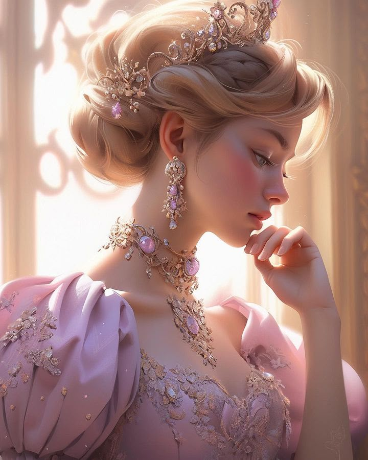 a woman in a pink dress wearing a tiara and earrings with her hand on her chin