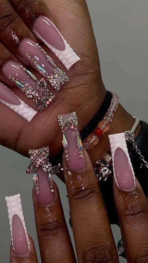 French Tip Acrylic Nails With Rhinestone Square, 18th Birthday Nails Ideas, 18th Nails, Simple Nails Design, Birthday Plans, Nail Business, Acrylic Nail Set, Hard Nails, Long Acrylic Nail Designs