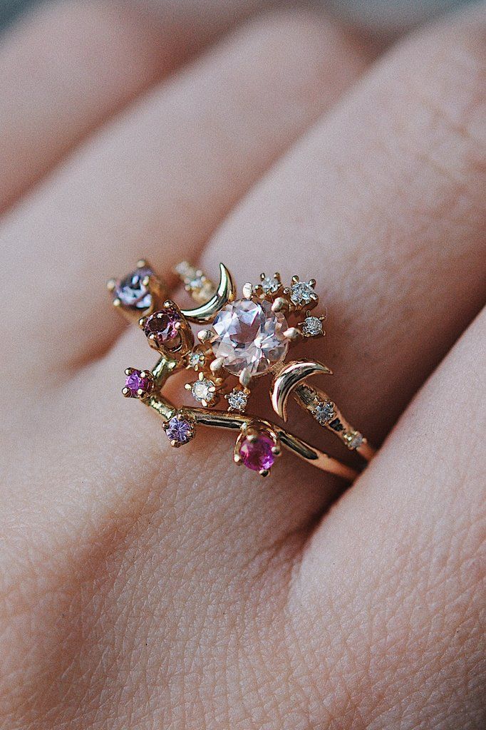 Constellation Ring Sofia Zakia, Constellation Ring, Promise Jewelry, Local Eclectic, Moonstone Engagement, Moonstone Engagement Ring, Purple Sapphire, Pink Morganite, Pretty Jewellery