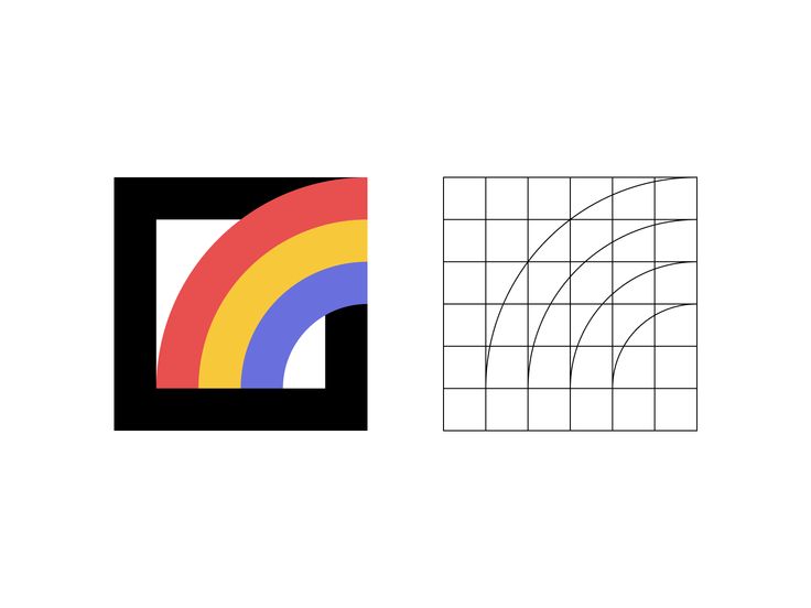 two squares with different colors and shapes on them, one has a rainbow in the middle