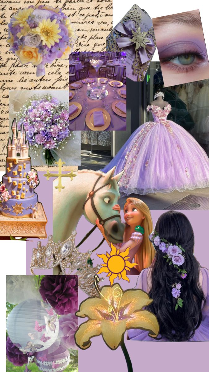 the collage shows many different things that are in this photo, including flowers and princesses