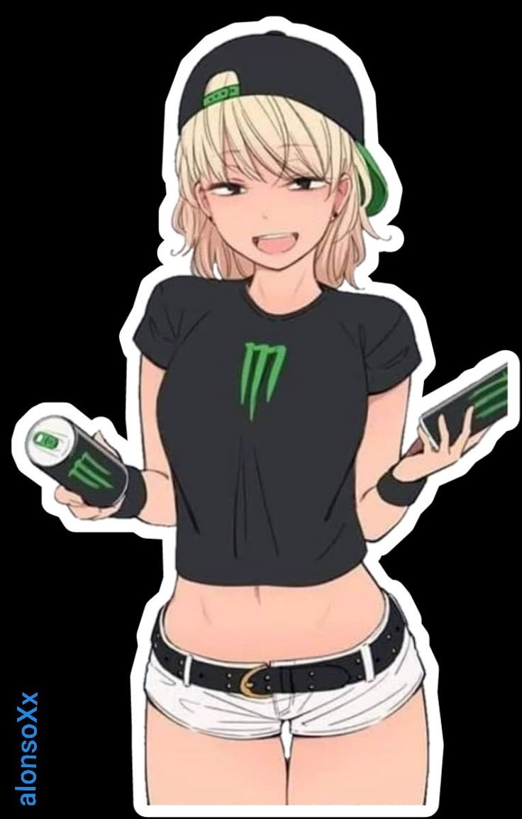 an anime character with blonde hair and black shirt holding two green items in her hands