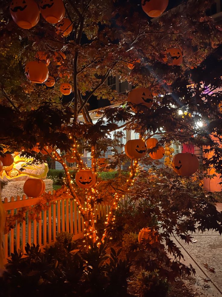 a tree with pumpkins hanging from it's branches