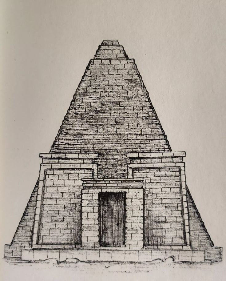 a drawing of an ancient building with a door in the center and two pyramids on each side