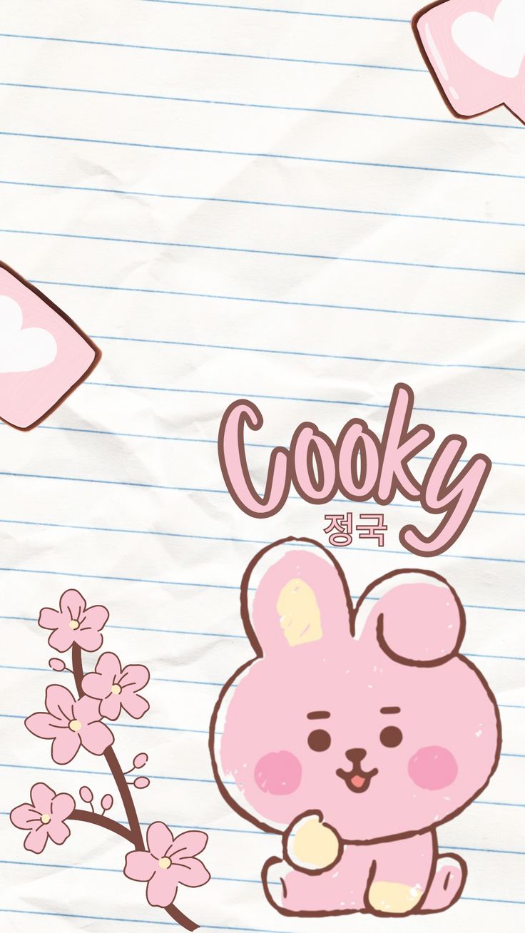 a drawing of a pink bunny sitting on top of a piece of paper with the words cooky written above it