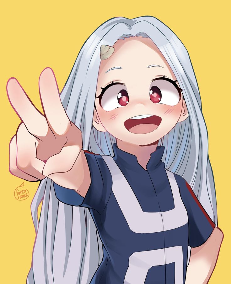 an anime character with long white hair making the peace sign while standing in front of a yellow background