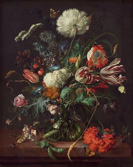 a painting of flowers in a vase on a table