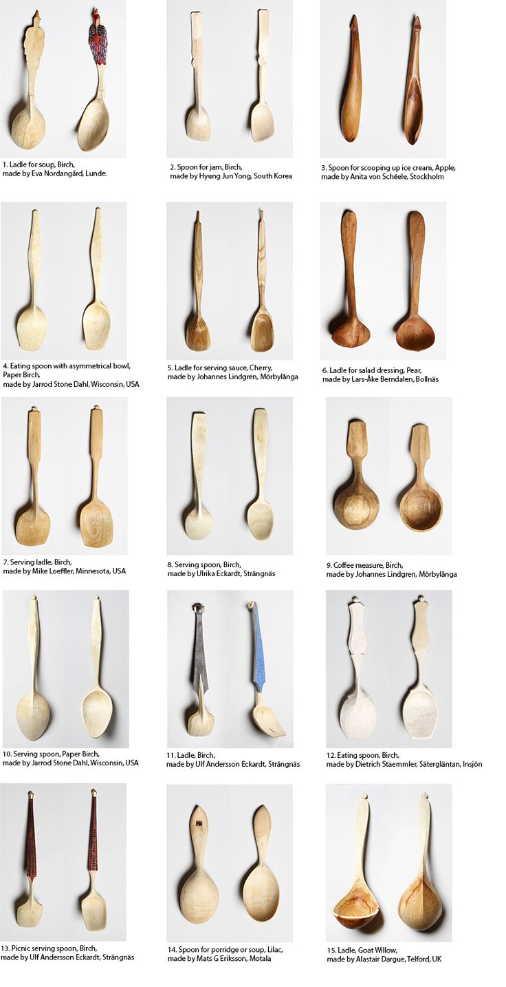 many different types of wooden spoons are shown in this image, including one with an odd shape