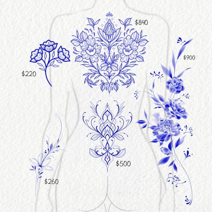 an image of a woman's back with flowers and leaves on it in blue ink