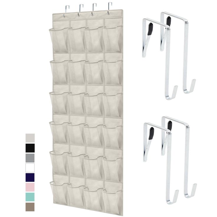 three white wall mounted hooks and two hanging bags on the same hanger, each with multiple pockets