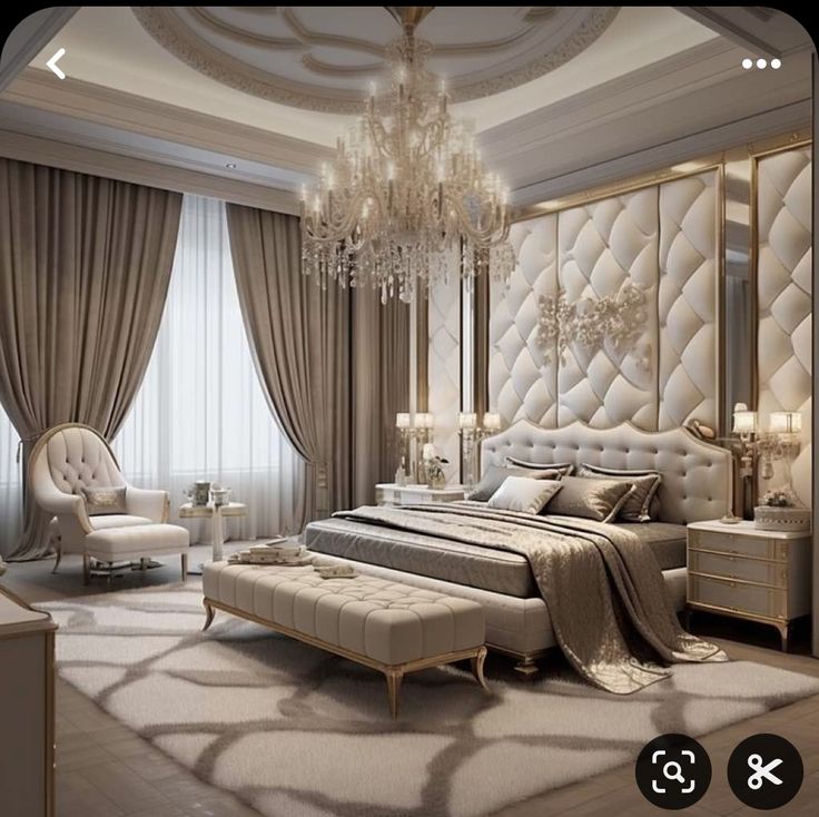 a luxurious bedroom with chandelier and white furniture