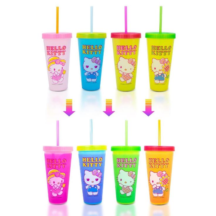 hello kitty plastic cups with straws and lids are lined up in a row on a white background