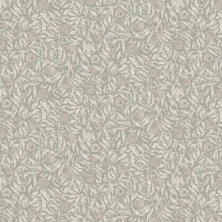 a white and grey wallpaper with leaves on the bottom, in an ornate pattern