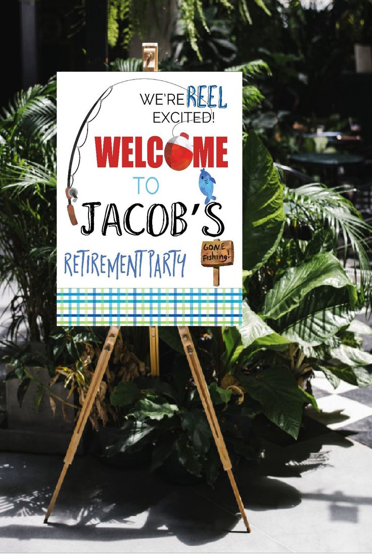 a welcome sign for jaco's retirement party in front of some tropical plants