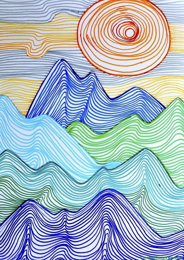 a drawing of mountains and waves with the sun in the sky above them on paper