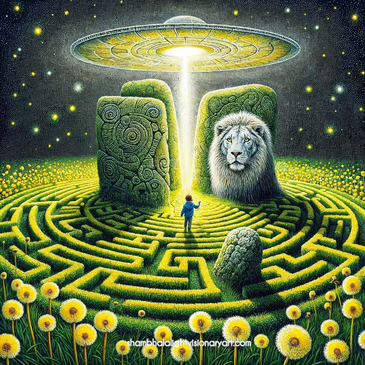 a painting of a man standing in front of a maze surrounded by lions and dandelions