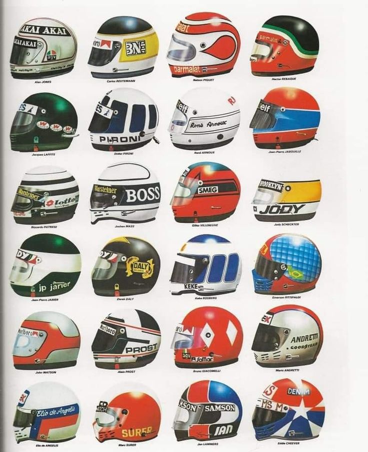 a poster with many different types of racing helmets on it's front and back sides