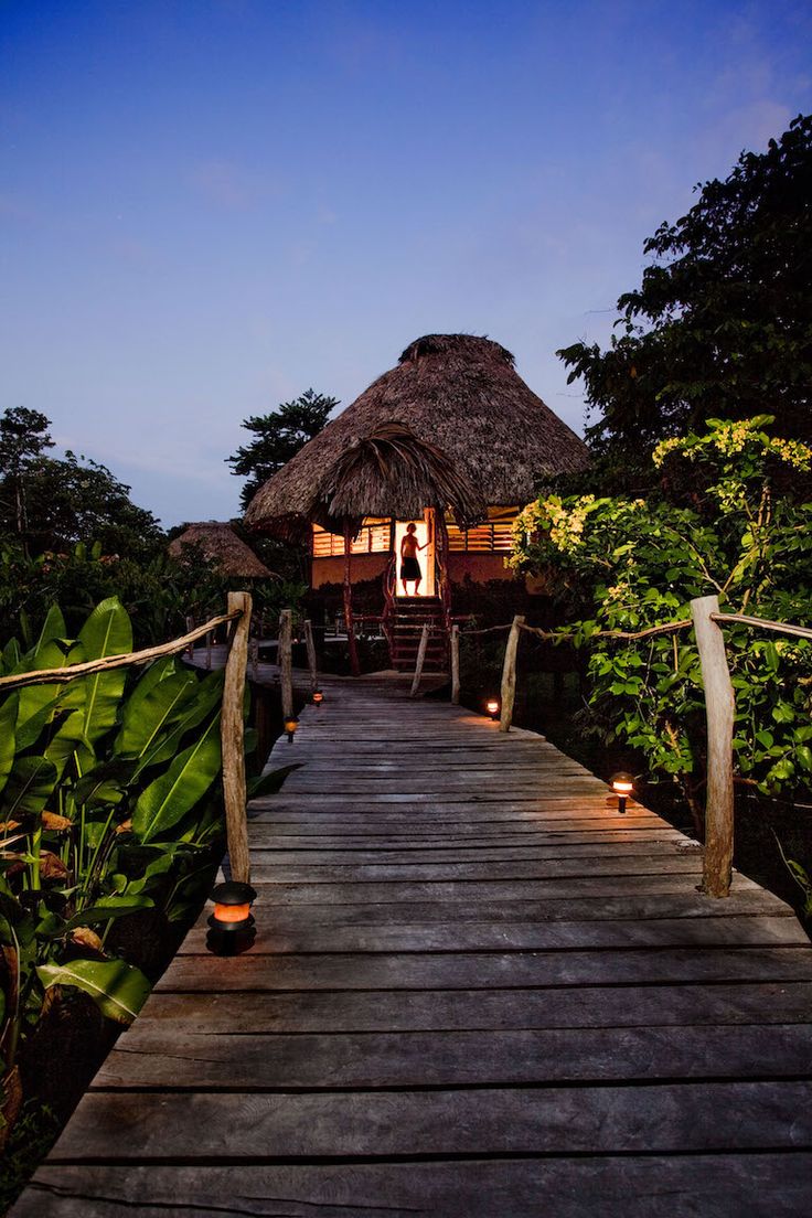 a wooden walkway leading to a thatched roof hut in the jungle at night time