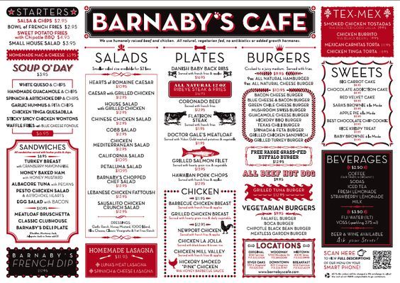 the menu for barnaby's cafe