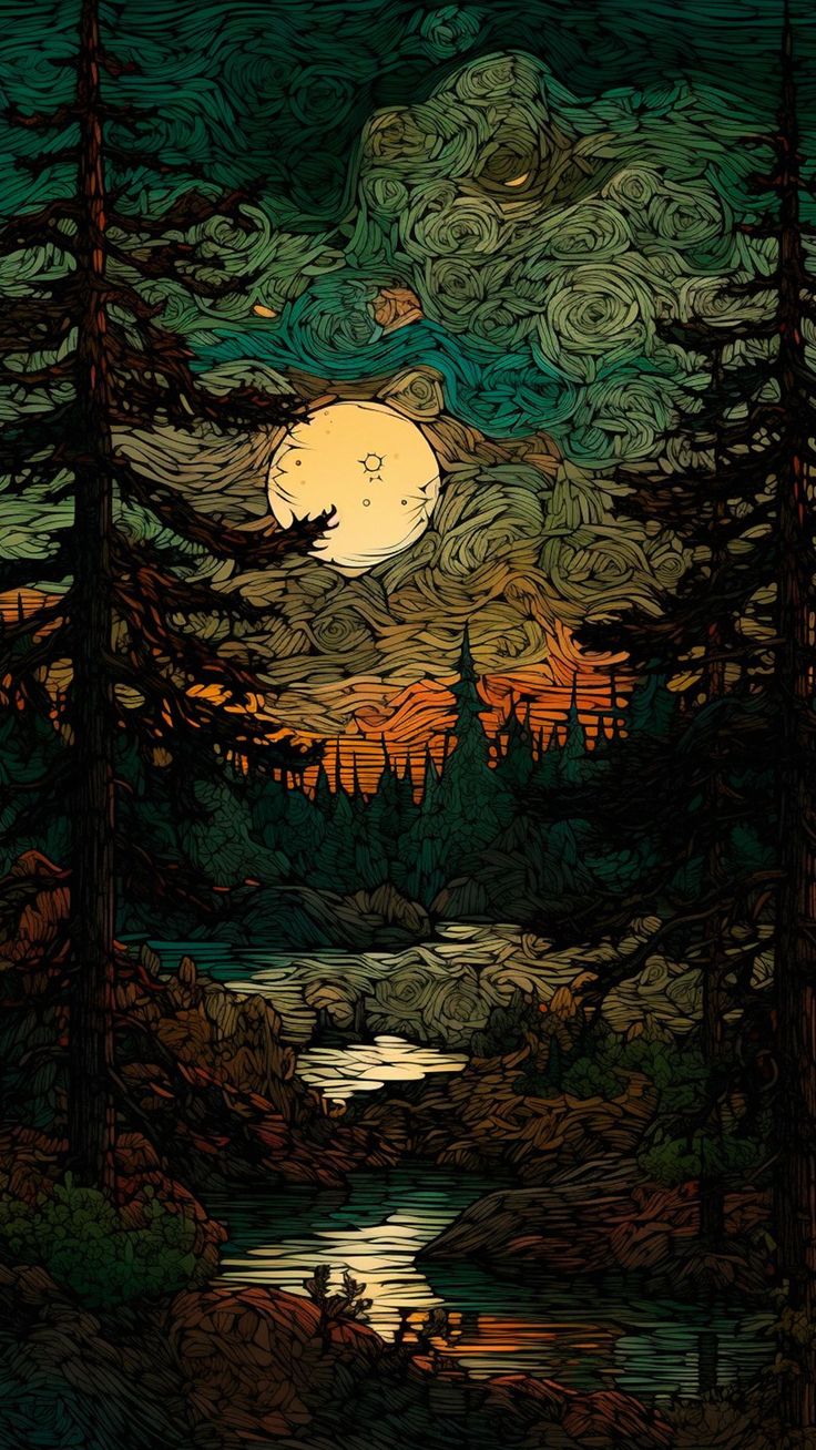 an image of a night scene with trees and the moon in the sky over water