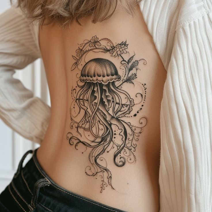 a woman with a tattoo on her back that has an octopus and jellyfish in it