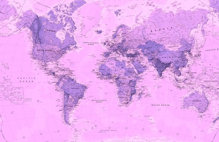 a purple world map is shown on a wall