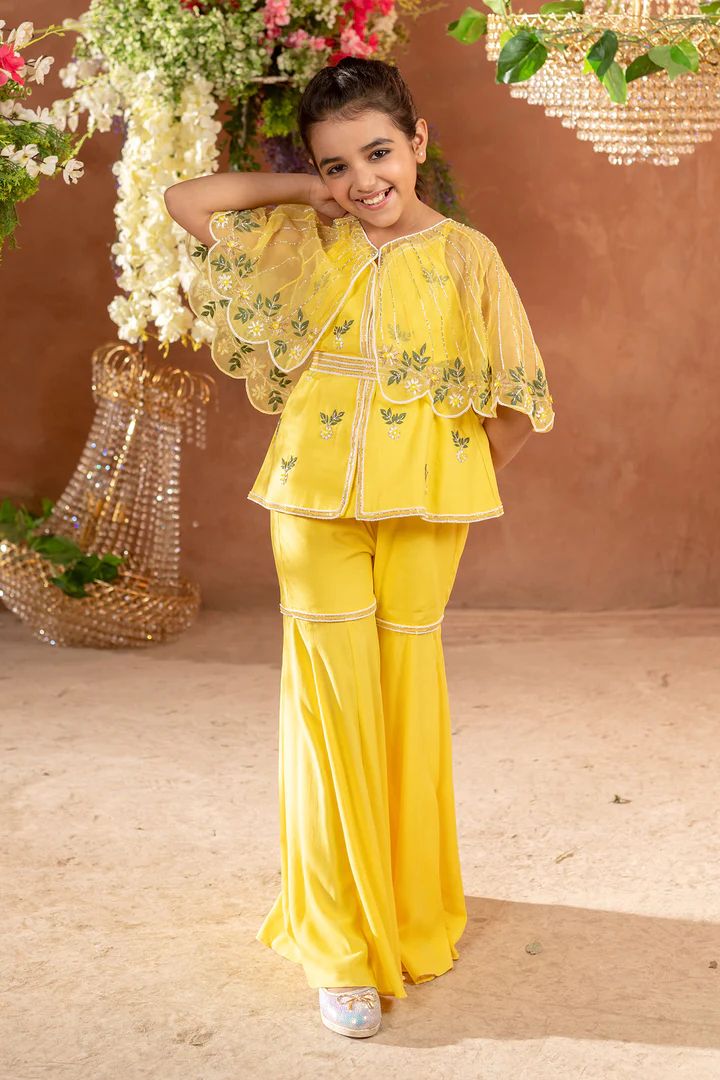 Kids Indo Western Outfits, Kids Sharara Designs, Cape Sharara, Yellow Sharara, Western Kids, Organza Cape, Haldi Dress, Cape Set, Sharara Pants