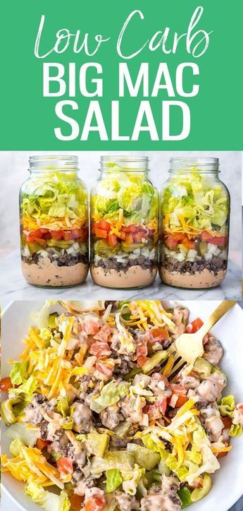 a salad with lettuce, tomatoes and other vegetables in mason jars on a white plate