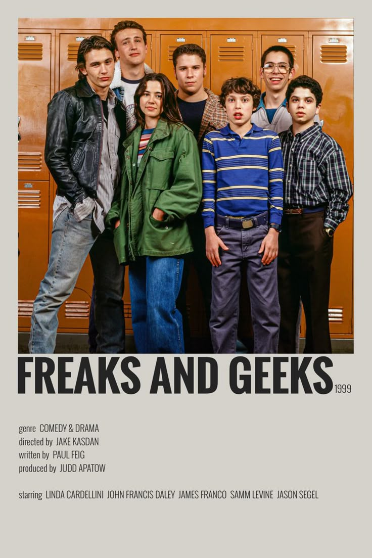 a group of people standing next to each other in front of lockers with the words freaks and geeks