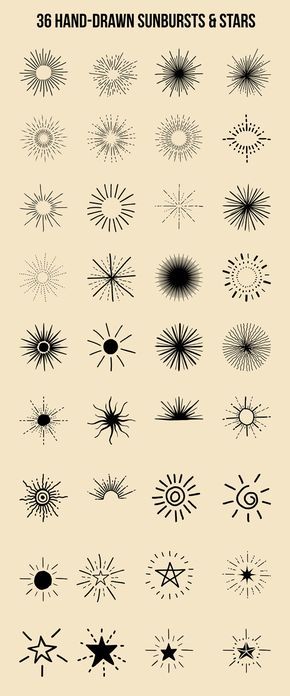 an image of sunbursts and stars in black on beige background with text