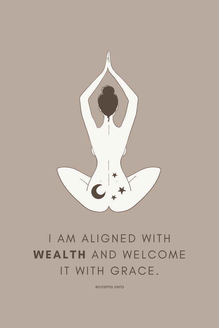 a woman doing yoga with the quote i am aligned with wealh and welcome it with grace