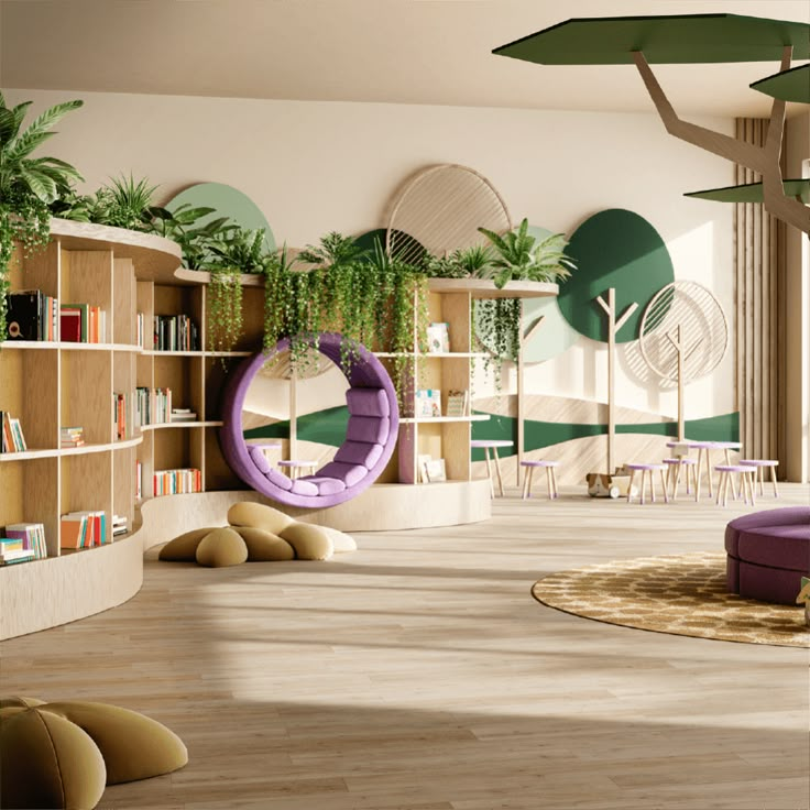 a living room filled with lots of furniture and plants on the wall next to bookshelves