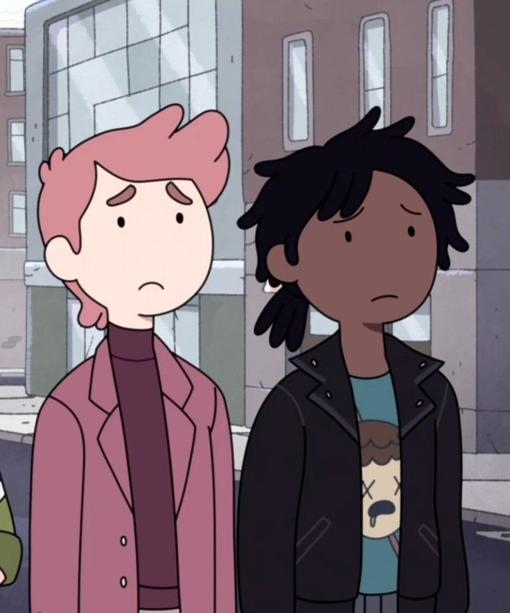 three people standing on the street in front of some buildings and one person has pink hair