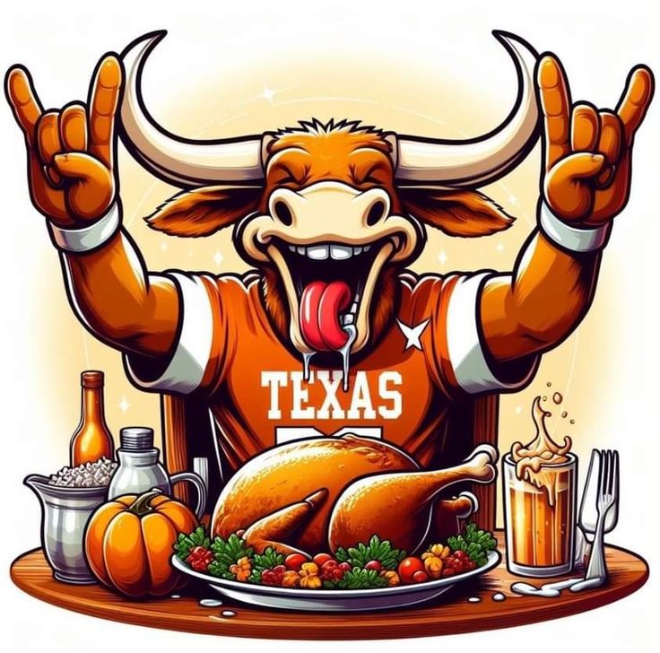 an image of a texas mascot with food and drinks in front of him on the table