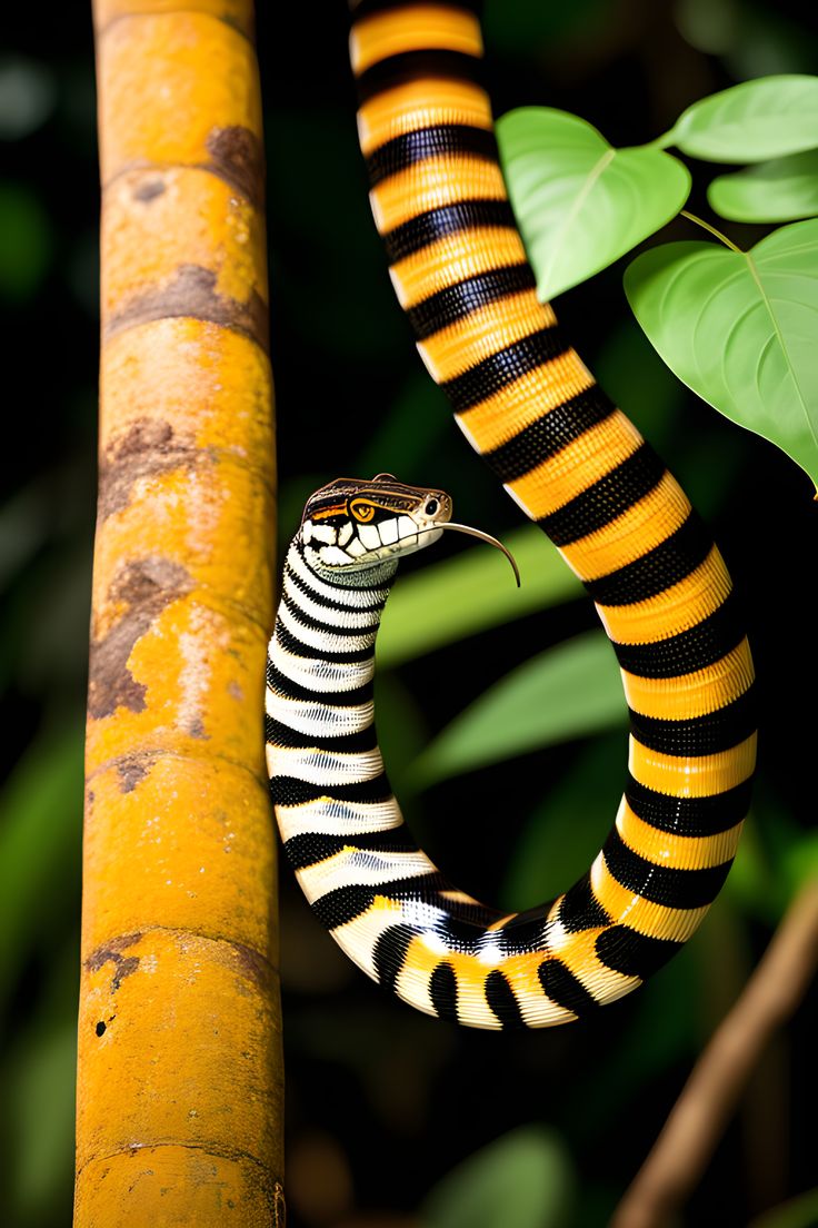 Black yellow snake or cobra animals reptiles in amazon jungle hanging on a tree with a tongue Amazon Jungle Animals, Rainforest Snakes, Rainforest Insects, Snake Animation, Black And Yellow Snake, Amazon Rainforest Animals, Vbs Jungle, Amazon Animals, Surface Ornamentation