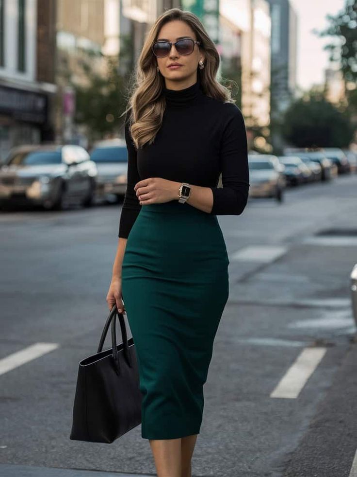 Outfit Ideas For The Office, Green Office Wear Women, Green Dress Office Outfit, Black And Green Outfits For Women, Dress Office Outfits Women, Skirts Outfits Fall 2024, Business Outfits For Women Skirt, Emerald Green Tops For Women, Elevated Business Attire