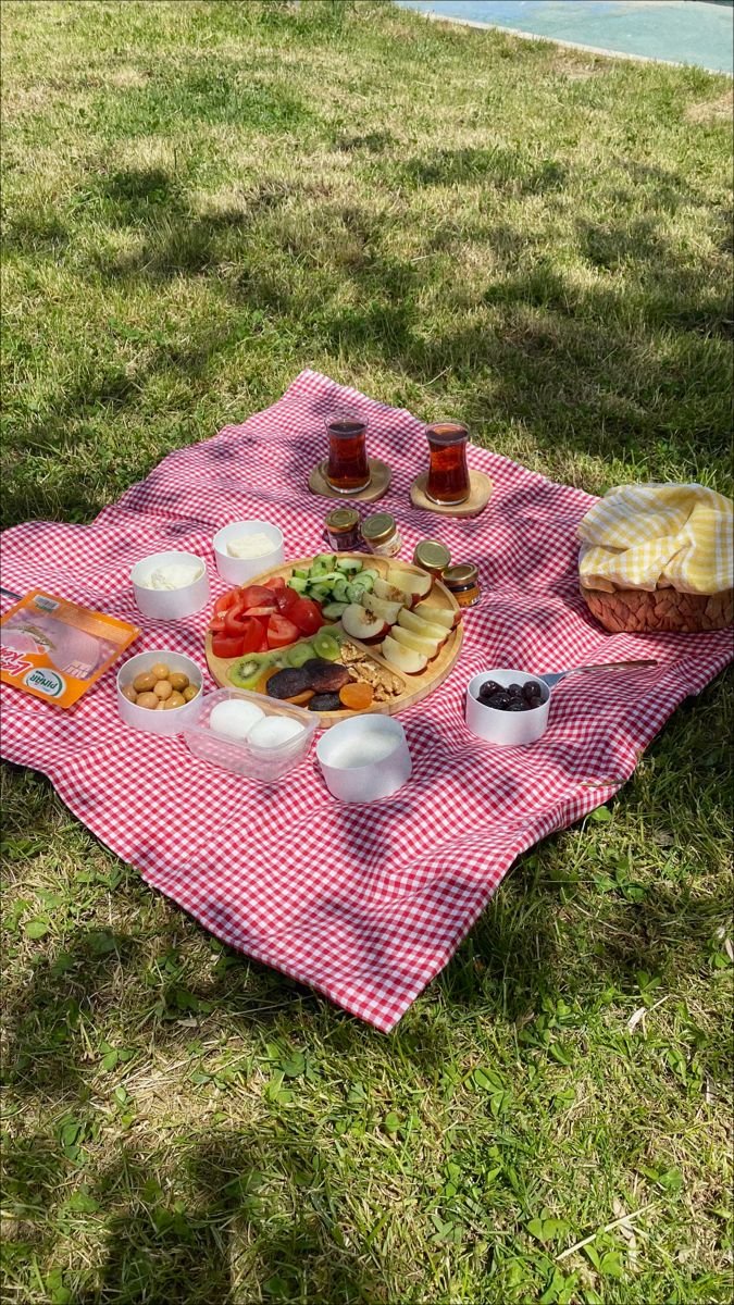 a picnic blanket on the grass with food and drinks laid out on it in front of a body of water