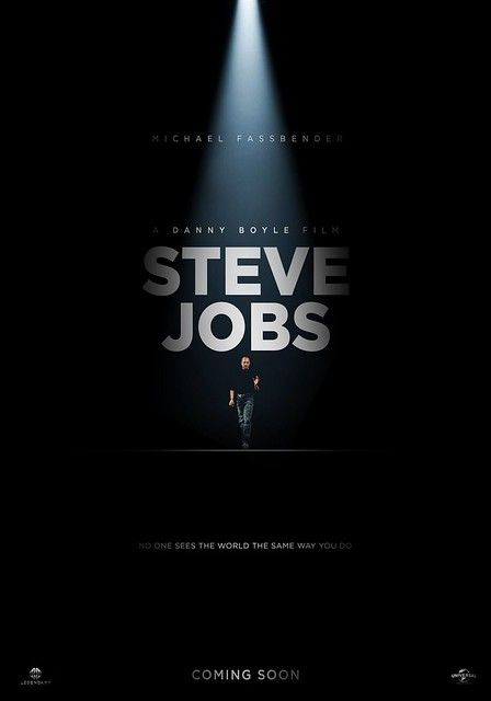 the poster for steve jobs, starring actors from two different films and one is standing in front of a spotlight