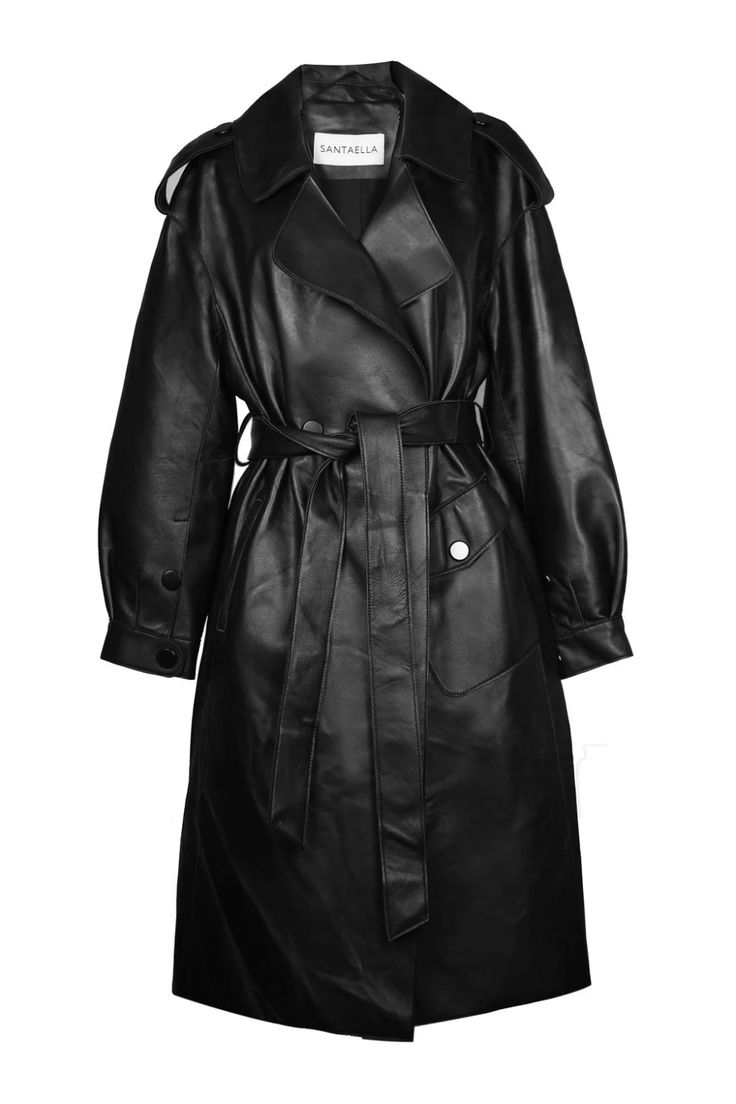 PAULETTE TRENCH – ALLSANTAELLA Fame Clothes, Black Leather Trench Coat, Chic Fits, Ladies Coats, Black Trench Coat, Trench Coat Outfit, Long Leather Coat, Long Black Coat, Winter Inspo