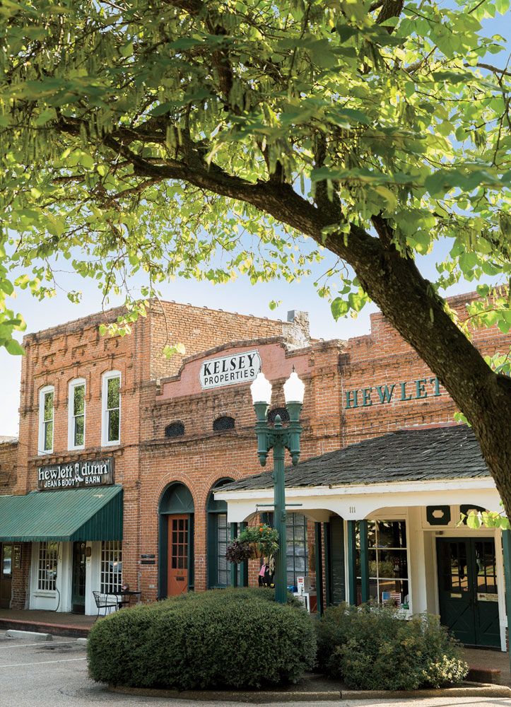 an old brick building with green awnings and trees in the foreground on a sunny day