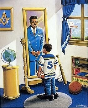 a painting of a young boy looking at himself in the mirror while standing next to his father