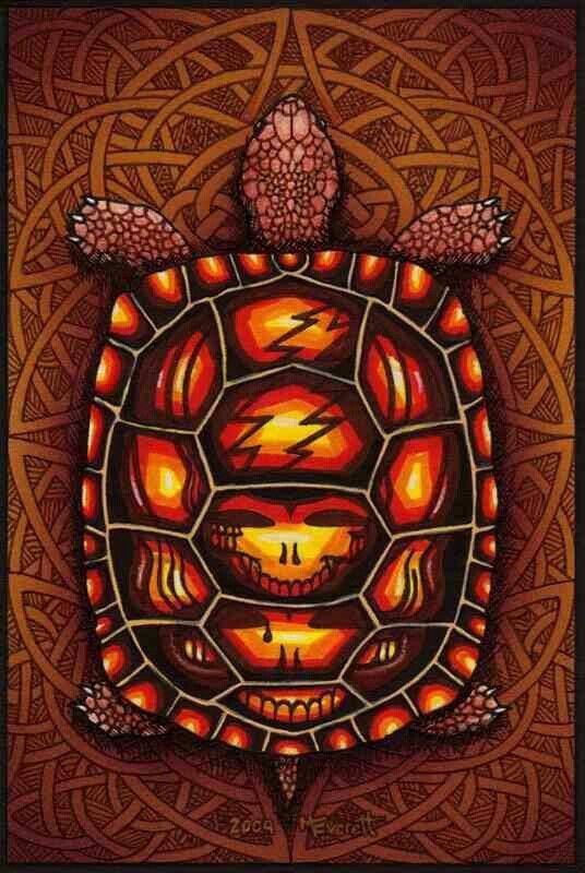 a painting of a tortoise with red and orange colors