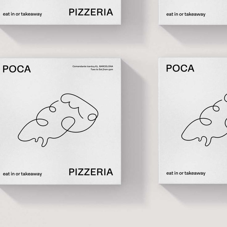 four pieces of paper with different types of pizza on them, all in black and white