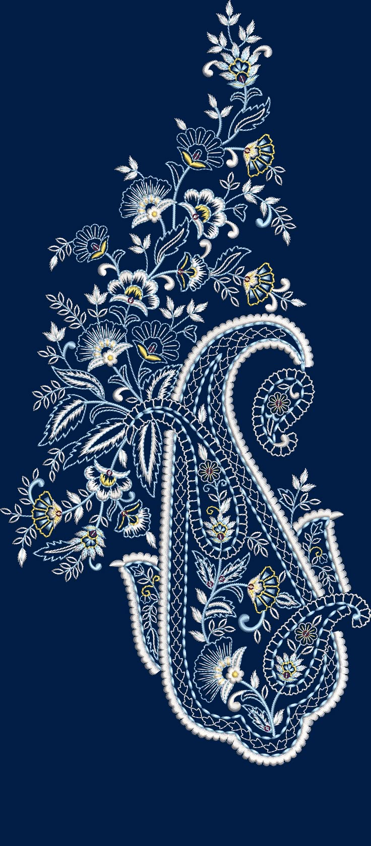 the letter s is made up of flowers and leaves on a blue background with white thread